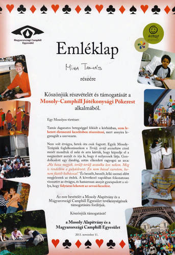 Mosoly-Camphill Jótékonysági Pókerest Emléklap